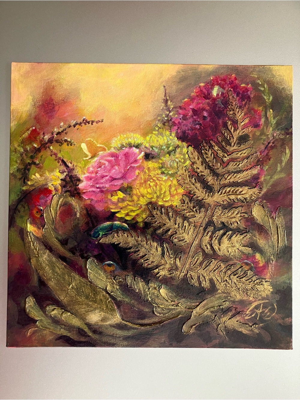 Original floral still life painting insect garden art nature gold accent artwork